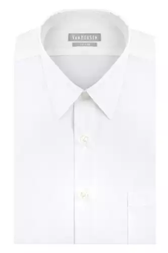 Van Heusen Men's Poplin Fitted Solid Point Collar Dress Shirt, White, 15.5" Neck 32"-33" Sleeve