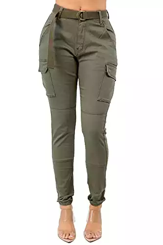 TwiinSisters Women's High Waist Slim Fit Color Cargo Joggers Pants with Matching Belt - Small, Olive