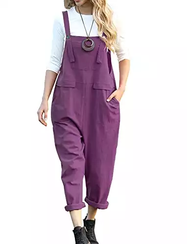 YESNO Women Long Casual Loose Bib Pants Overalls Baggy Rompers Jumpsuits with Pockets PV9 (PV9 Purple, L)