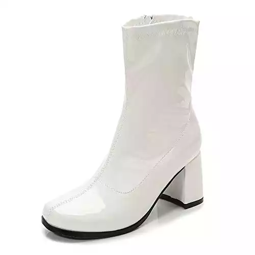 Women's Go Go Boots Mid Calf Block Heel Zipper Boot Ankle Boots Low Block Heel Short Booties ShoesDisco Costume Winter Shoes for Women White-43(265/US11)