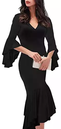 UQJE Womens Loose Deep V-Neck Long Sleeve Maxi Dresses Irregular Ruffle Flowy Fishtail Dress Party Cocktail Dress-S Black