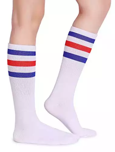 Pareberry Classic Triple Stripes Soft Cotton On the Calf Retro White Tube Socks (A-pair(Blue/Red/White))
