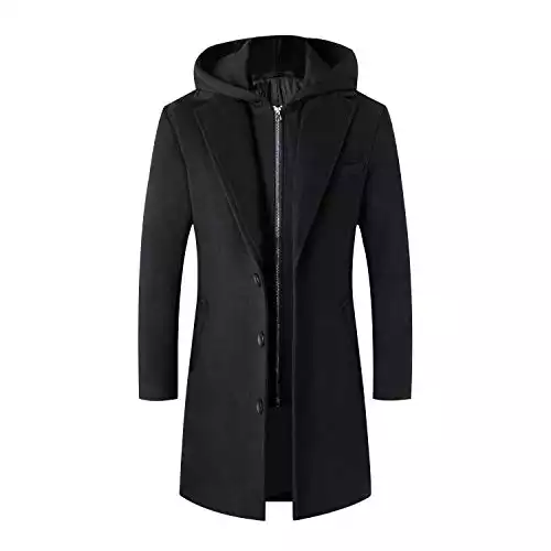 Lisskolo Men's Wool Blend Overcoat with Detachable Hooded Trench Coat