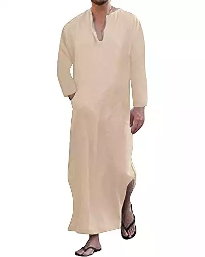 Yaohuole Men's Long Sleeve Tunic Robe Side Split Kaftan Long Gown Thobe with Pockets Khaki XL