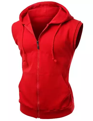Red Basic Solid Cotton Based Zipper Vest Hoodie