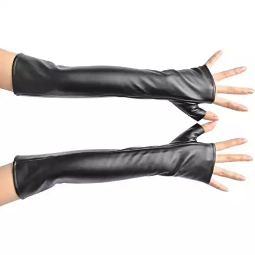 NAVAdeal Black PU Faux Leather Long Arm Warmer Dress Up Fingerless Gloves Halloween Costume Party Cosplay