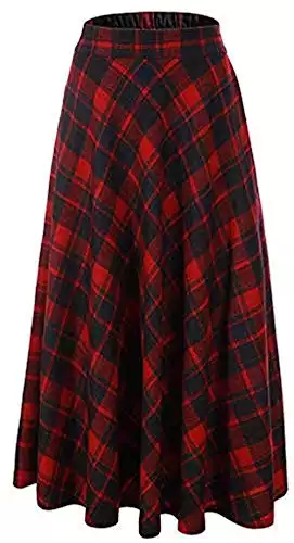 Vocni Women Flared Plaid A-Line Winter Wool Blend Midi Long Skirt