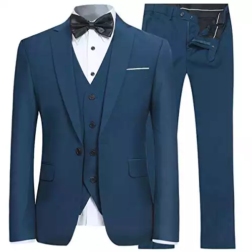 YFFUSHI Men's Slim Fit 3 Piece Suit One Button Business Wedding Prom Suits Blazer Tux Vest & Trousers Teal Blue