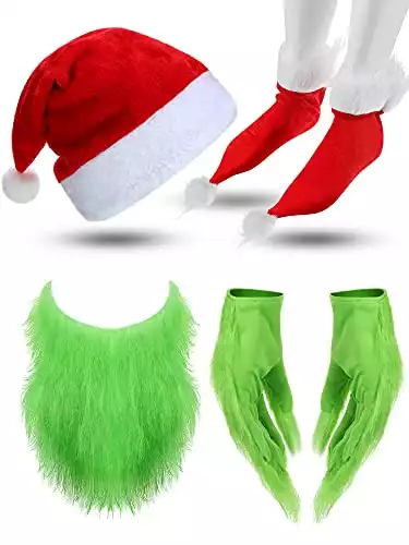 4 Pieces Green Furry Gloves Xmas Cosplay Gloves, Christmas Santa Hat, Red Socks, Faux Furry Beard Christmas Cosplay Costume Accessory Halloween Christmas Party Supplies