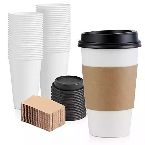[50 Pack] 16 oz Hot Beverage Disposable White Paper Coffee Cup