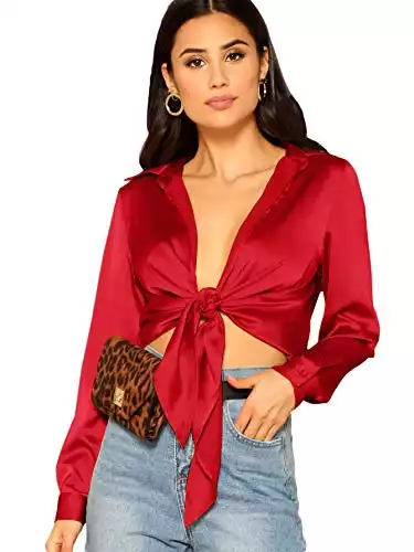 SheIn Women's Long Sleeve Self Tie Knot Front Satin Crop Top Blouse Shirt Red Medium