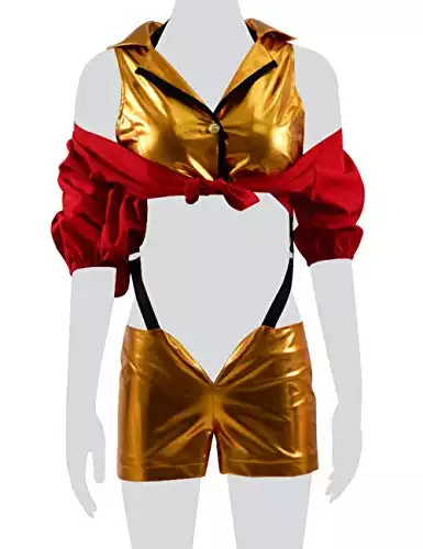 Xiao Maomi Women Faye Valentine Cosplay Costume Japanese Anime Cartoon Game Top Shirt Short Pants Outfit Uniform Halloween Party (US Women-L, Gold)