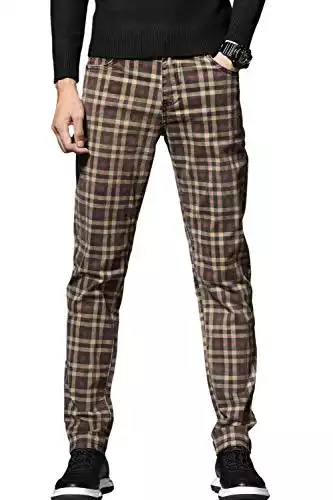 HENGAO Men's Regular Fit Plaid Chino Pants Jeans, Deep Khaki, 28
