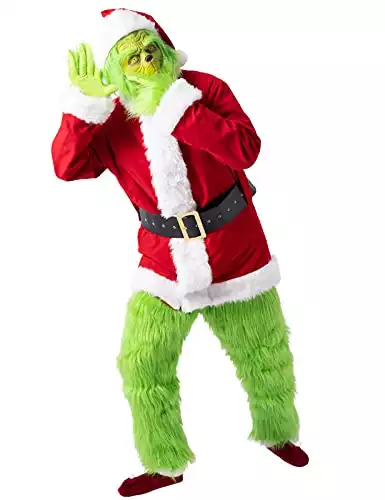 Blafly Christmas Costume for Men Santa Suit Adult 7PCS Deluxe Professional Furry Green Big Monster for Halloween Xmas Outfit Holiday Cosplay Set M