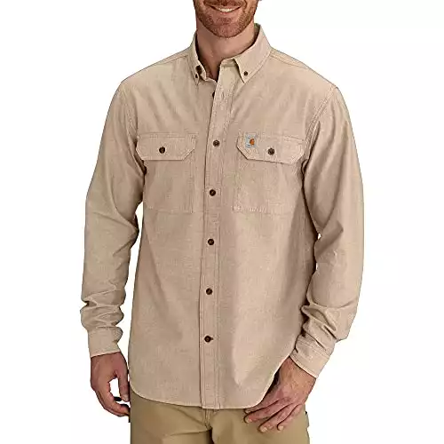 Carhartt Men's Fort Long Sleeve Shirt Lightweight Chambray Button Front Relaxed Fit,Dark Tan Chambray,Large