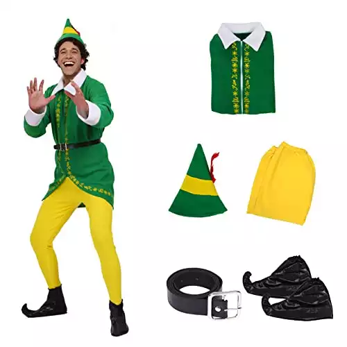 Buddy The Elf Costume Men - Christmas Elf Costume Cosplay for Adults Halloween Buddy Elf Movie Full Set (180)