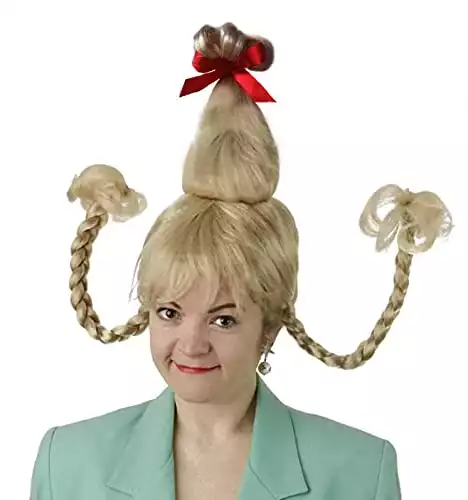 Cindy Wig , Christmas Blonde Wig with Red Bow
