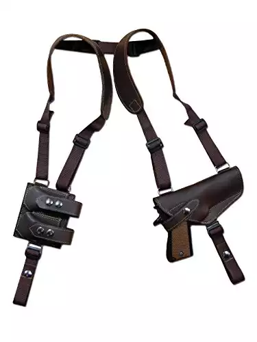 Barsony New Horizontal Brown Leather Shoulder Holster w/Dbl Magazine Pouch Compatible with Glock 17 20 21 22 Left