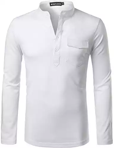 Mens Hipster Slim Fit Basic Solid Henley Long Sleeve V Neck T Shirt Tops with Flap Pocket White Small