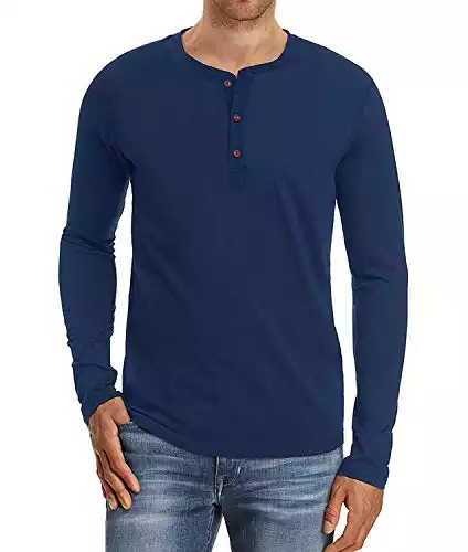 PEGENO Men's Casual Slim Fit Long Sleeve Henley T-Shirts Cotton Shirts (US Large, A8 Navy Blue)