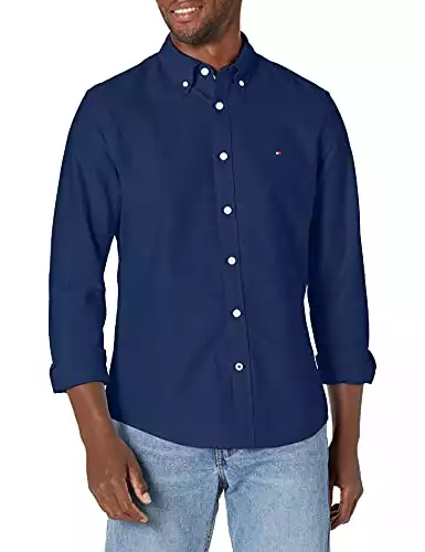 Tommy Hilfiger mens Long Sleeve Solid Oxford in Custom Fit Button Down Shirt, Tommy Navy, Medium US
