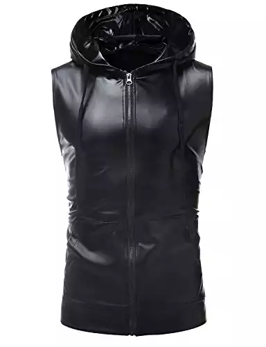 ZEROYAA Mens Hipster Metallic Zip Up Sleeveless Hooded Vest T Shirt with Kangaroo Pocket Z86 Black Medium