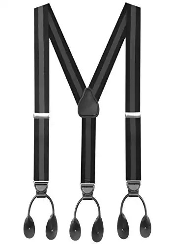 Hold'Em Suspenders for Men Y-Back Leather Trimmed button end tuxedo Suspenderss Many colors and designs - Regimental Stripe Black (Regular 46" Long)