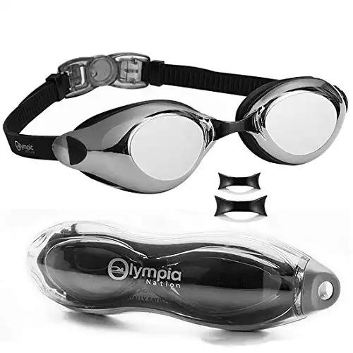 Olymp Nation Swim Goggles, Swimming Goggles, for Aduts Youth Teens, Anti-Fog, Clear Vision, Black with Mirrored Lenses