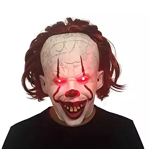 Scary Clown Mask Costume with Hair for Pennywise , Halloween Led Light Up Horror Movie Roleplay Mask, Latex Mask for Adult, Cosplay Costume Party Props(Smile)