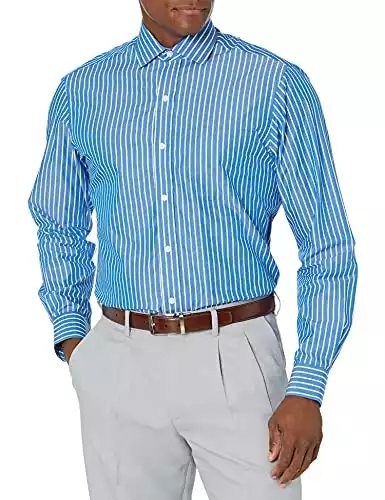 Amazon Brand - Buttoned Down Men's Classic Fit Supima Cotton Spread-Collar Pattern Dress Casual Shirt, Large Blue Stripe, 14-14.5" Neck 32-33" Sleeve