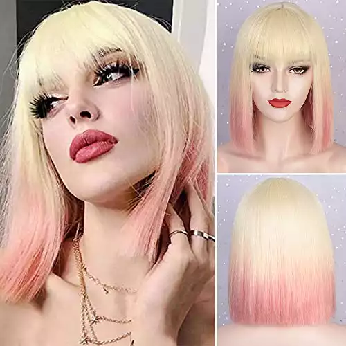 Blond Short Straight Bob Wig with Pink Ends