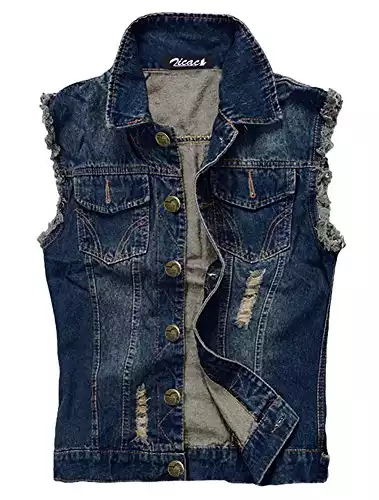 Zicac Men's Top Design Denim Vest Waistcoat with Broken Holes (M/Asia Tag 3XL, Blue)