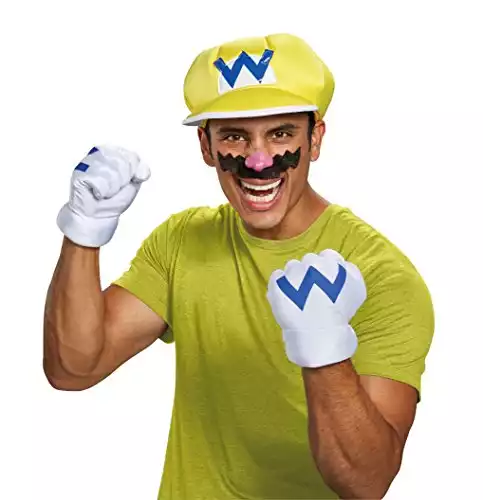 Warrio Costume Kit for Adults, Official Super Mario Costume Hat with Gloves and Mustache, One Size