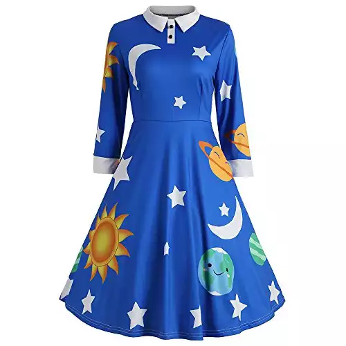 CHARMMA Women's Vintage Peter Pan Collar Planet Print A Line Flare Party Dress
