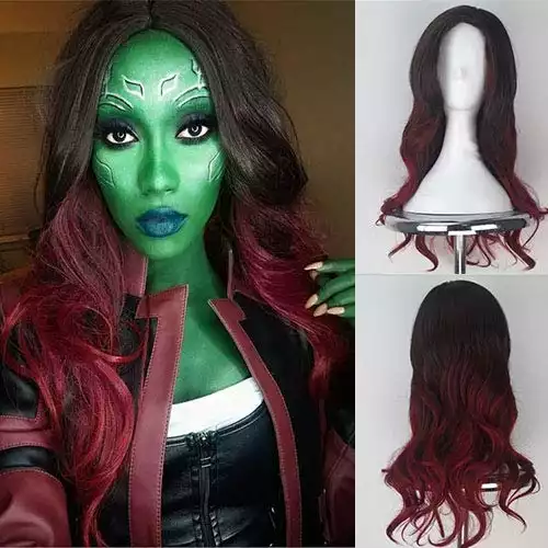 Blue Bird Guardians of The Galaxy Gamora Cosplay Wig Long Wavy Dark Roots Ombre Wine Red Wigs with Middle Part Synthetic Curly Hair for Women Daily and Party Use