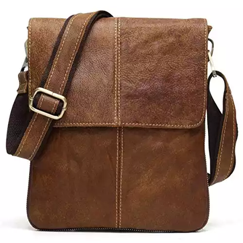 BAIGIO Men Vintage Messenger Bag Nubuck Genuine Leather Cross-body Satchel Small Casual Shoulder Purse Unisex, Brown