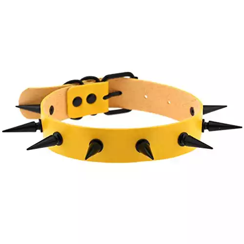 FM FM42 Yellow Simulated Leather PU Black-tone Spikes Rivets Punk Rock Gothic Choker