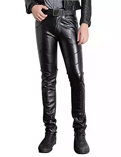 Moonwalk Men's Faux PU Leather Skinny Slim Fit Straight Leg Metallic Biker Pants