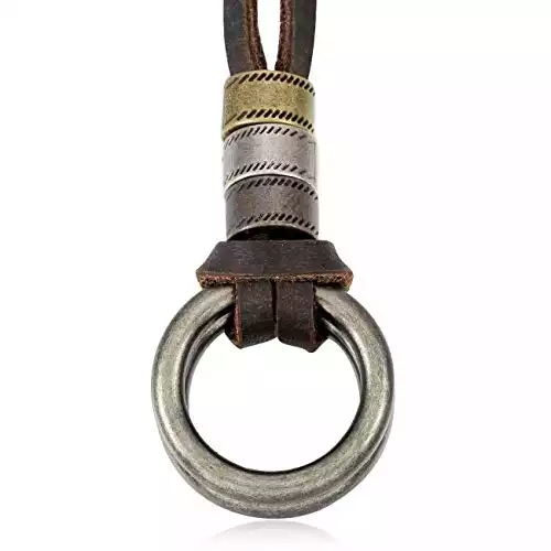 MOWOM Silver Tone Brown Alloy Genuine Leather Pendant Necklace Double Ring Adjustable