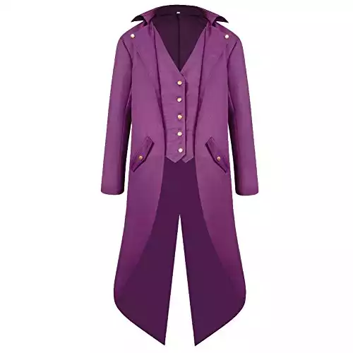 H&ZY Men's Steampunk Vintage Tailcoat Jacket Gothic Victorian Frock Coat Uniform Halloween Costume Purple