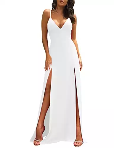 TOB Women's Sexy Sleeveless Spaghetti Strap Backless Split Cocktail Long Dress White