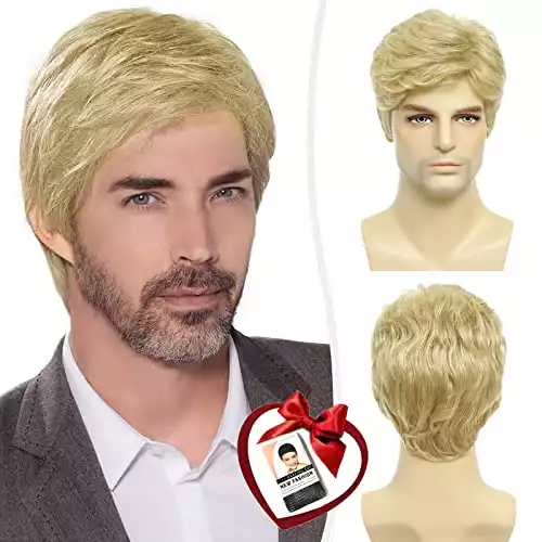 Mens Blonde Wigs, Natural Fluffy Layered Synthetic Hair Daily Halloween Wig for Men