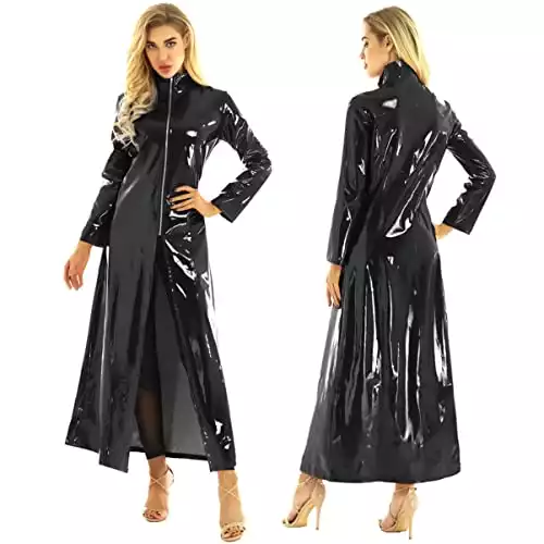 CHICTRY Shiny Metallic Leather Turtleneck Trench Coat