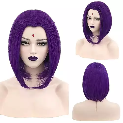 MUPUL Women's Raven Superhero Purple Short Bob Straight Wig with Widow's Peak Synthetic Hair
