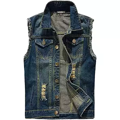 NASKY Men's Fit Retro Ripped Denim Vest Sleeveless