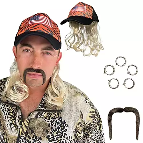 Watt's Wigs - Exotic Tiger Joe Costume Kit, Blonde Mullet Wig with Hat, Clip on Earrings, and Mustache - One Size Fits All